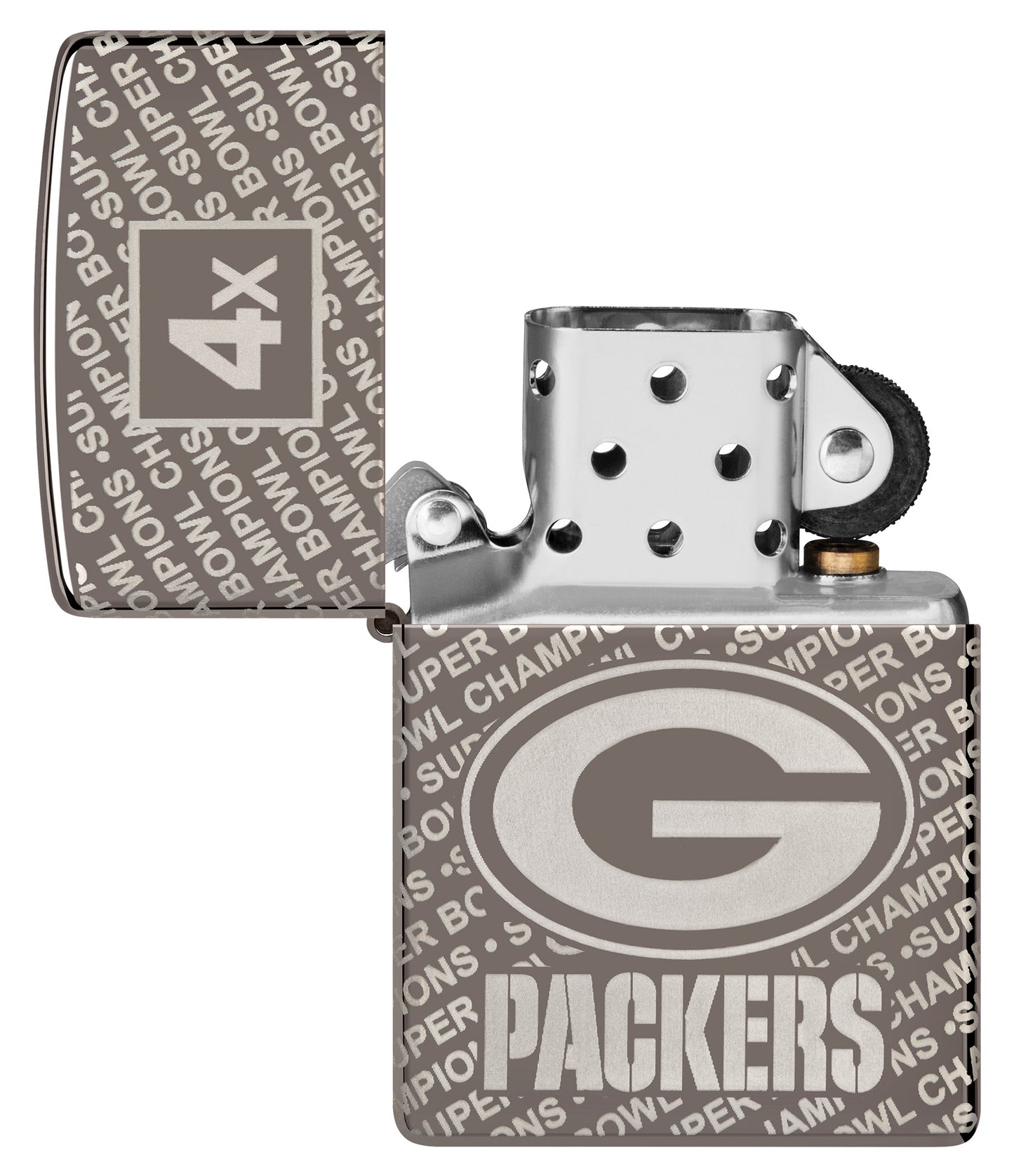 Zippo NFL Green Bay Packers Super Bowl Commemorative Armor Black Ice Windproof Lighter with its lid open and unlit.