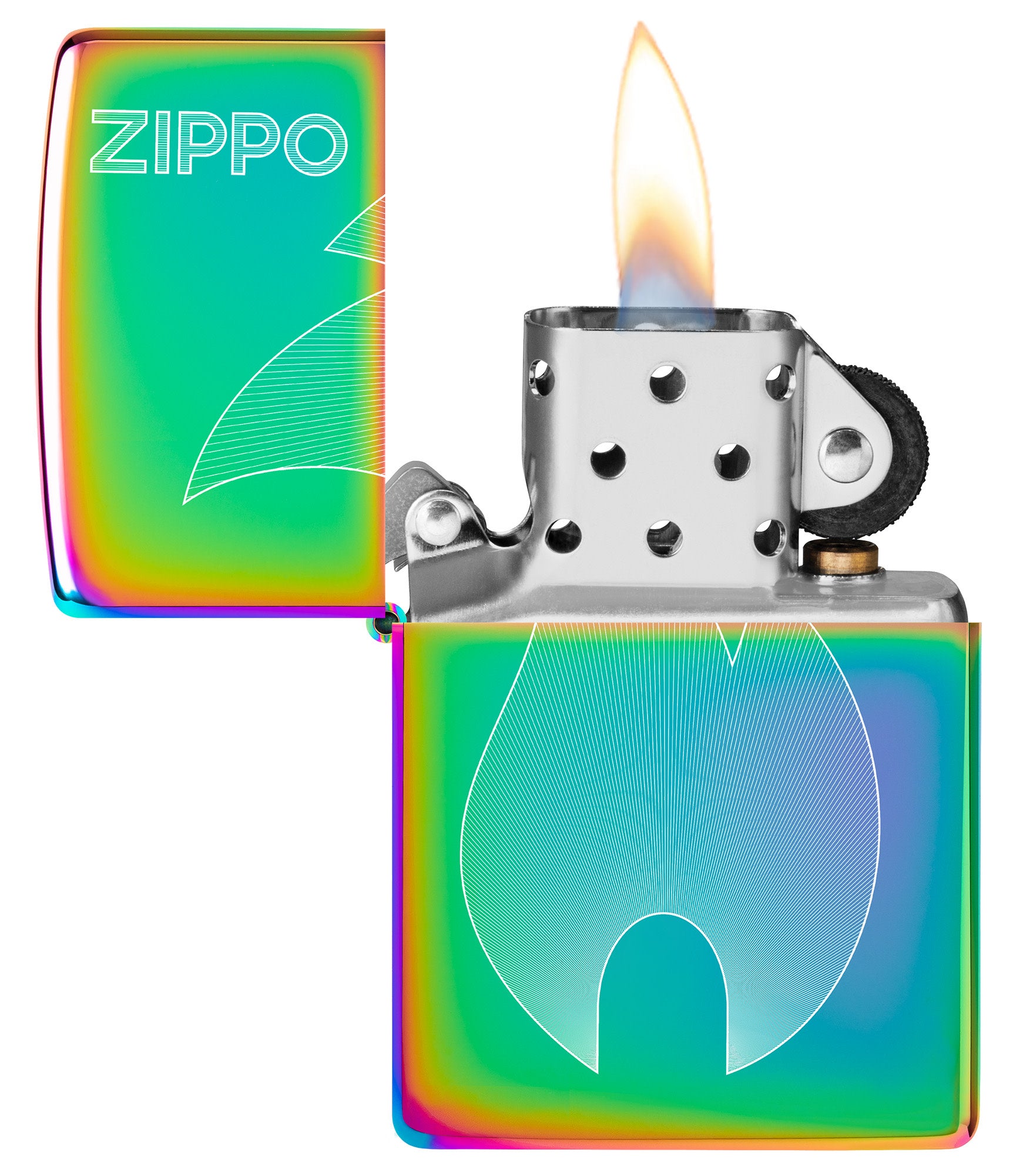 Zippo Flame Multi-Color Windproof Lighter with its lid open and lit.