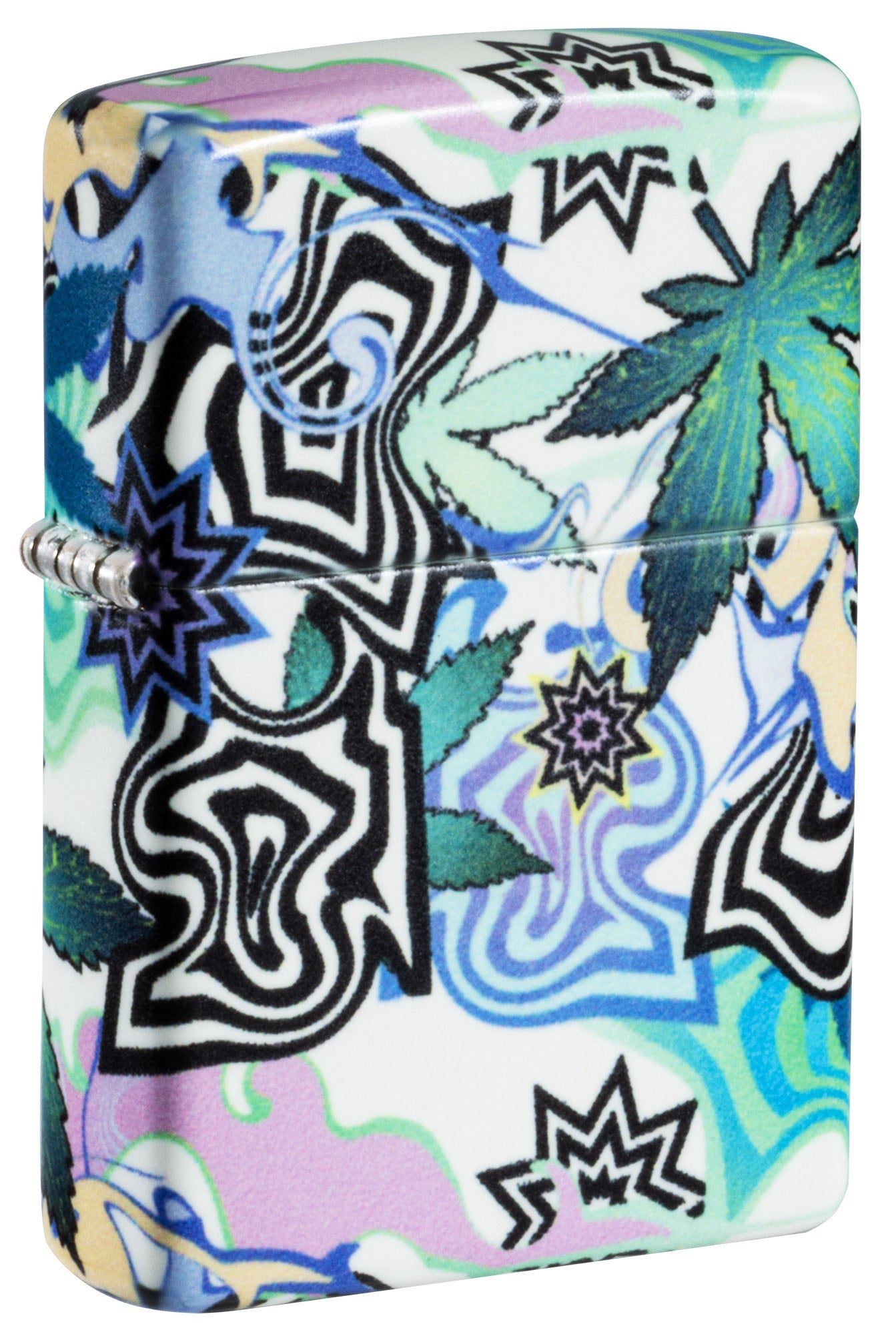 Front shot of Zippo Abstract Cannabis Design Glow in the Dark Windproof Lighter standing at a 3/4 angle.