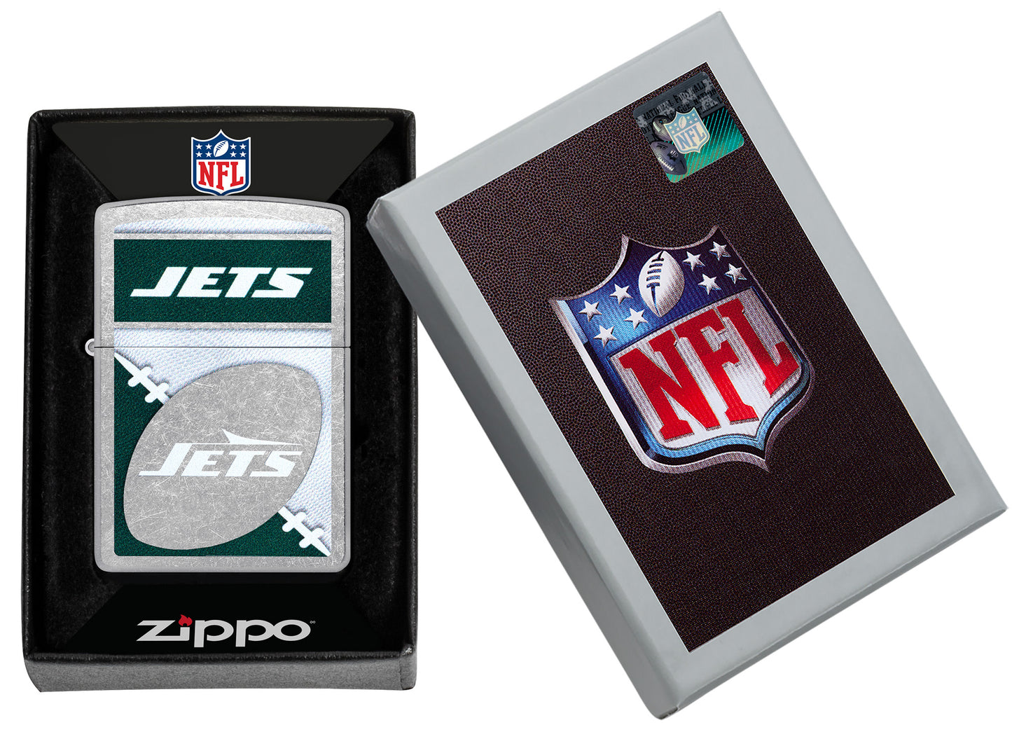 Zippo NFL New York Jets Street Chrome Windproof Lighter in its packaging.