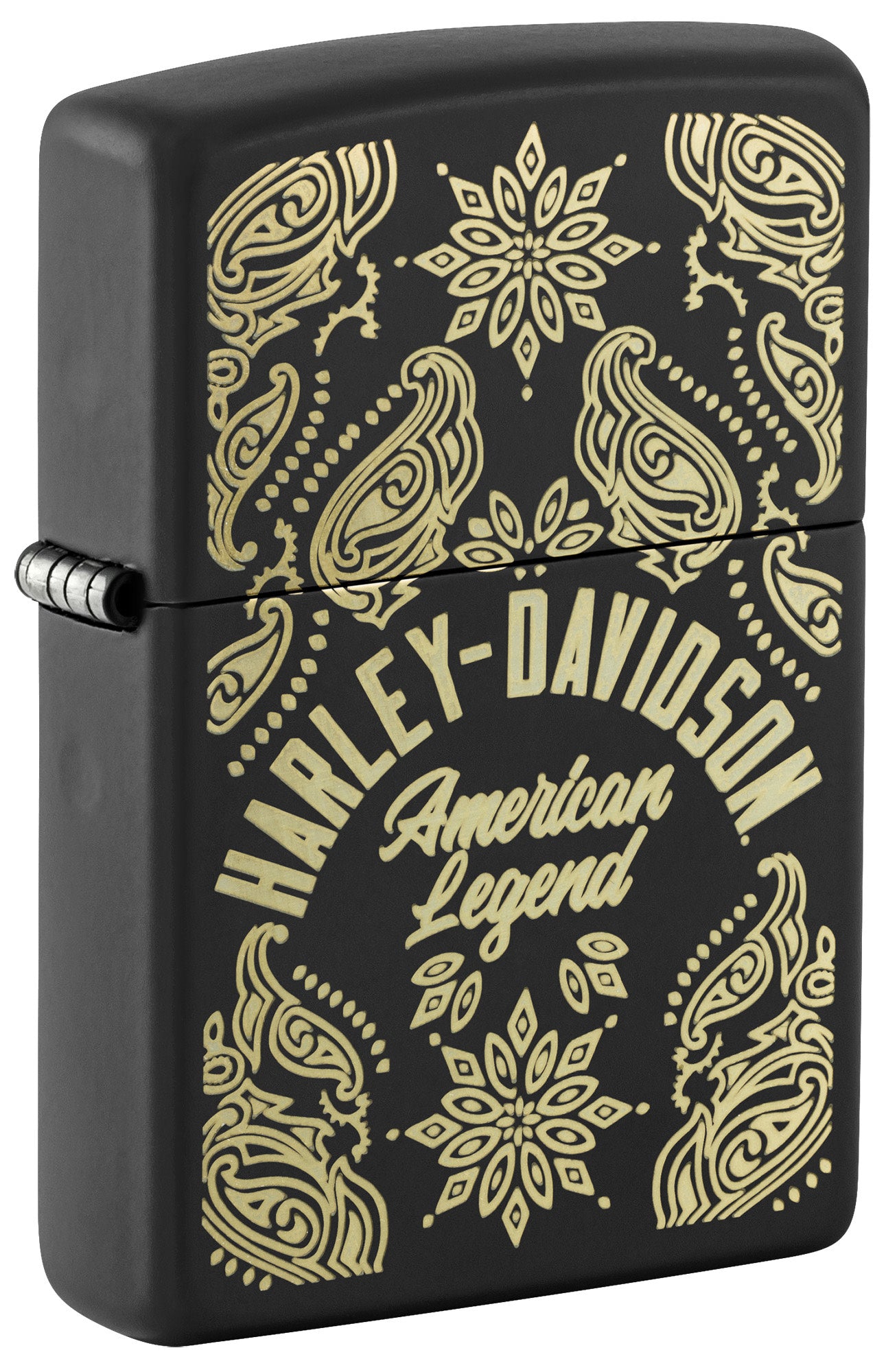 Front shot of Zippo Harley-Davidson® American Legend Black Matte Windproof Lighter standing at a 3/4 angle.