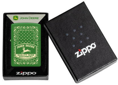 Zippo John Deere Paisley Design Moss Green Windproof Lighter in its packaging.


