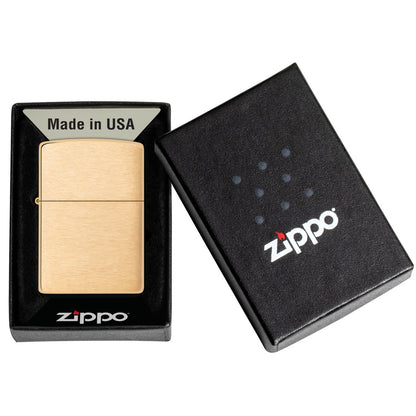 Classic Brushed Brass Windproof Lighter in its packaging.
