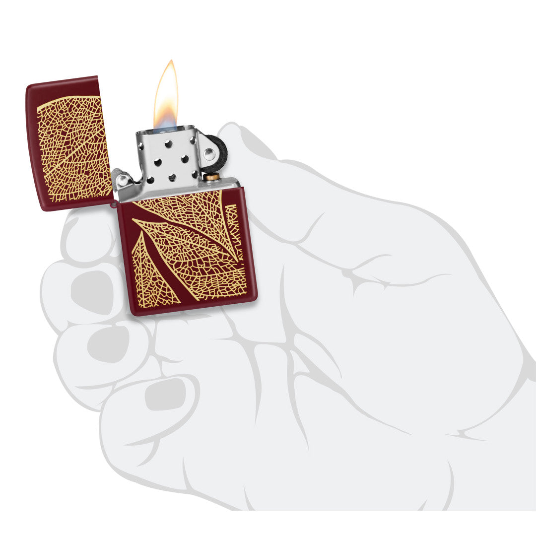 Zippo Fall Leaves SMS Merlot Windproof Pocket Lighter in Hand.