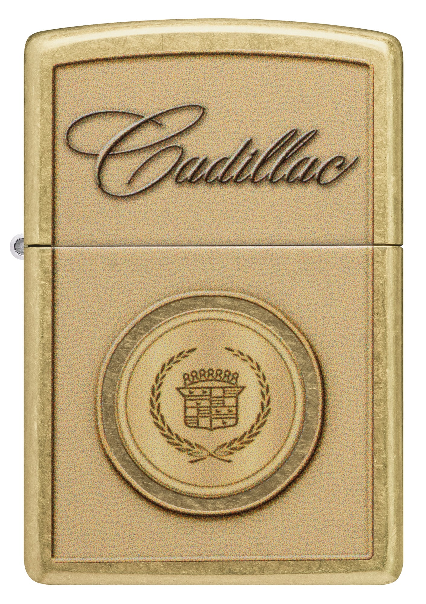Front view of Zippo Cadillac Crest Design Street Brass Windproof Lighter.


