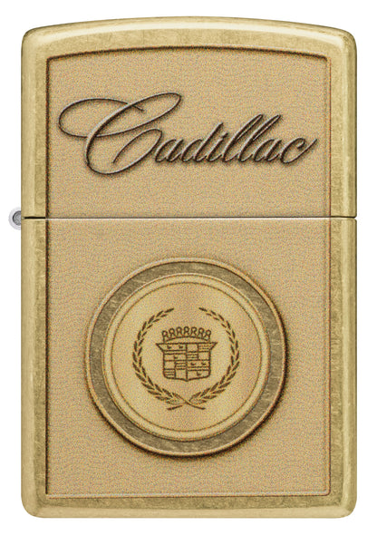Front view of Zippo Cadillac Crest Design Street Brass Windproof Lighter.


