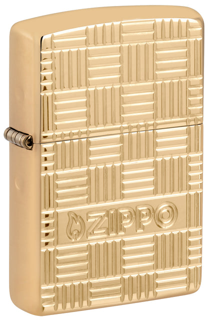 Front shot of Zippo Deep Carve Design Armor High Polish Brass Windproof Lighter standing at a 3/4 angle.