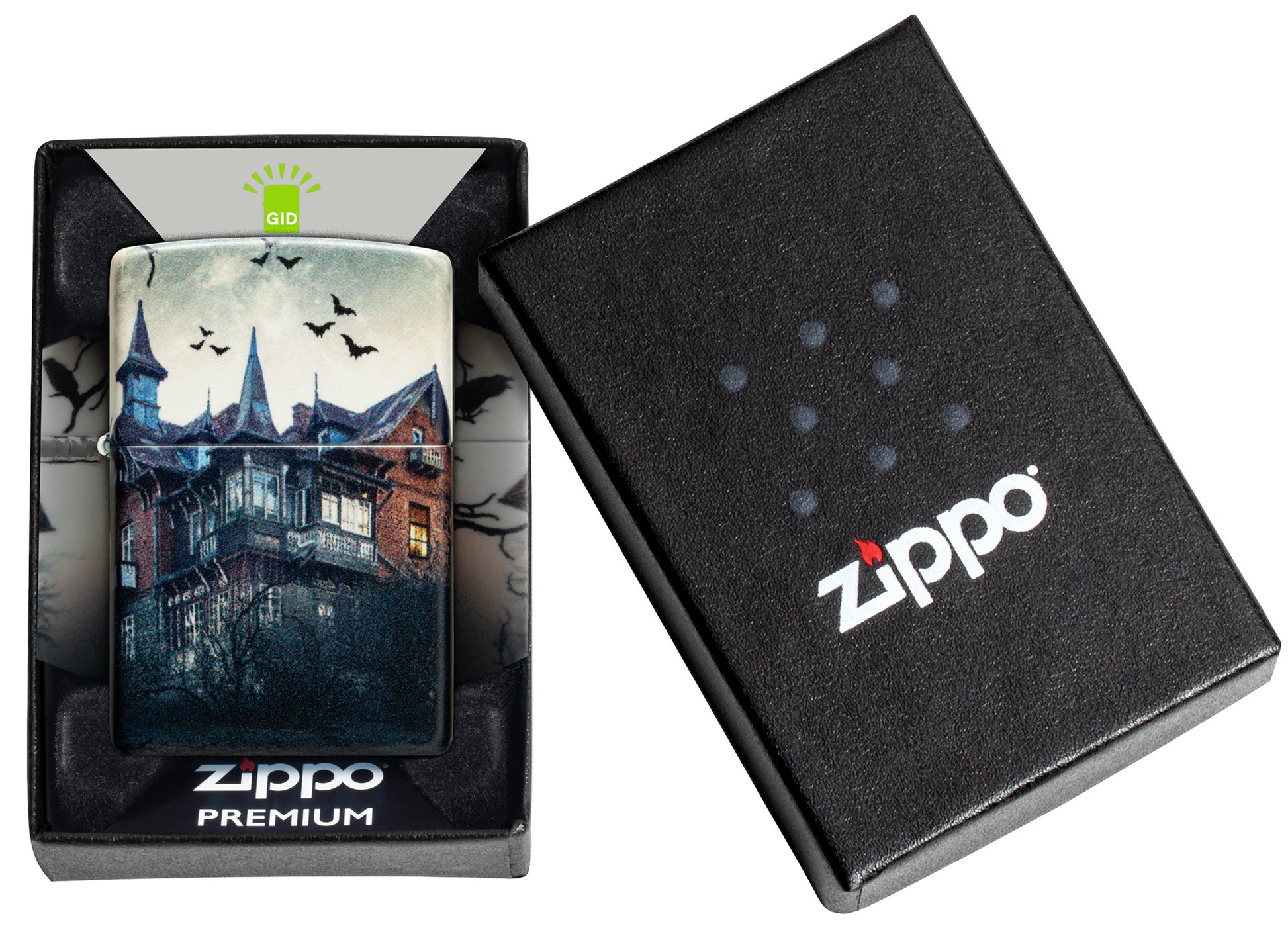 Zippo Horror House Glow in the Dark Matte Windproof Lighter in its packaging.