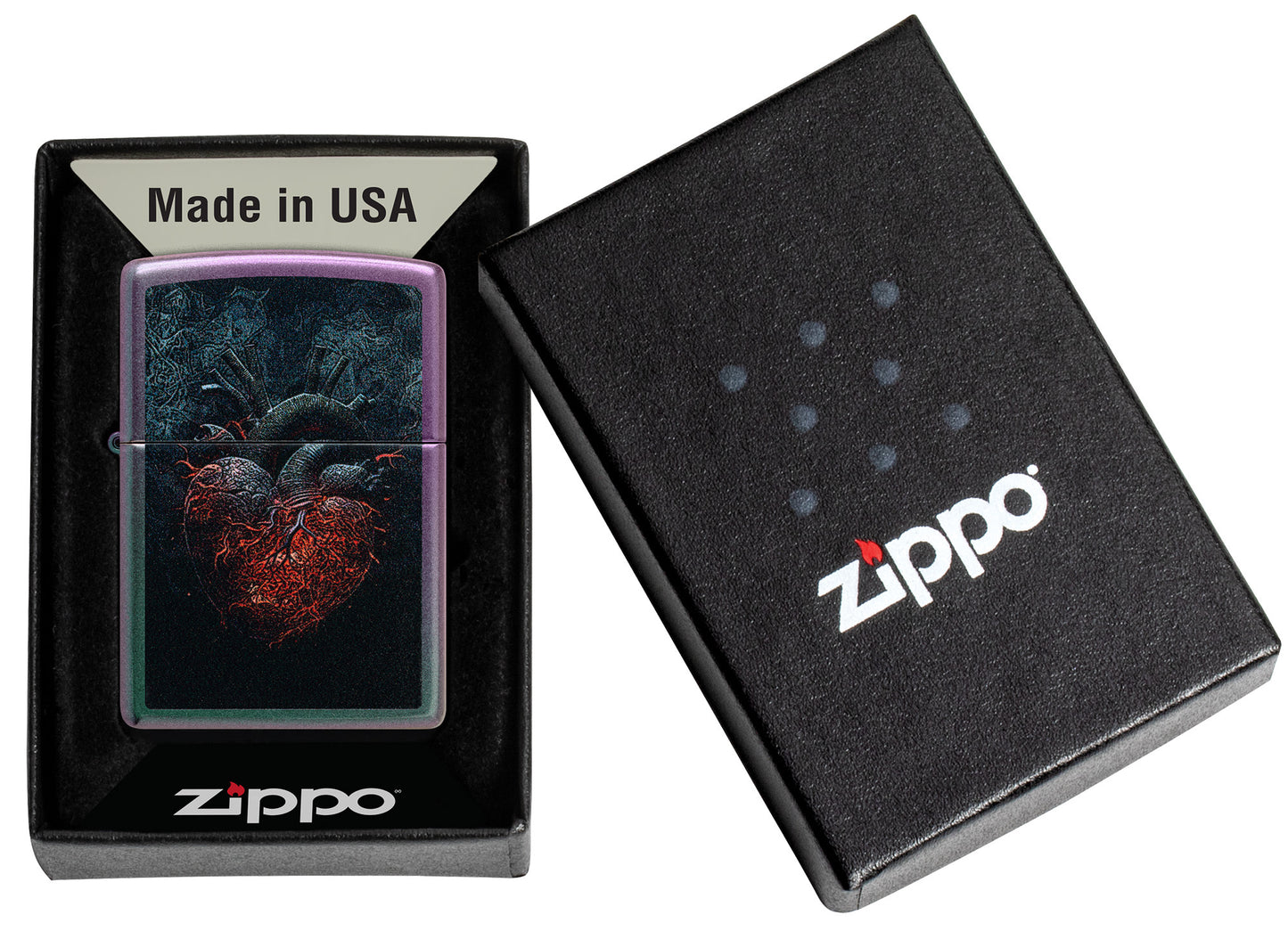 Zippo Dark Heart Design Iridescent Windproof Lighter in its packaging.