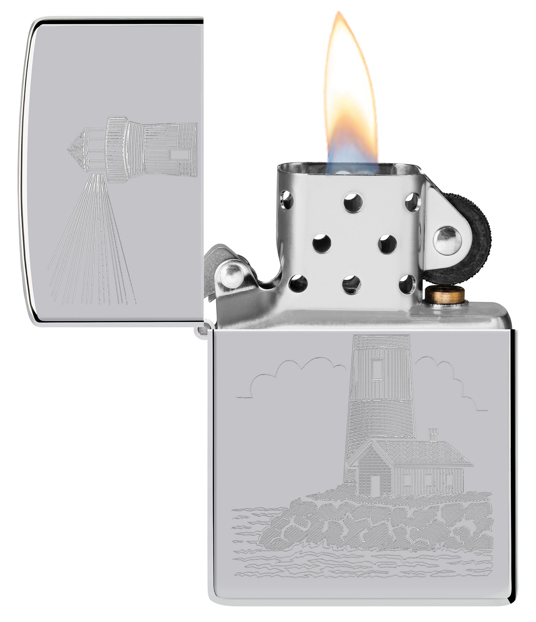 Zippo Lighthouse Design Highpolish Chrome Windproof Lighter with its lid open and lit.