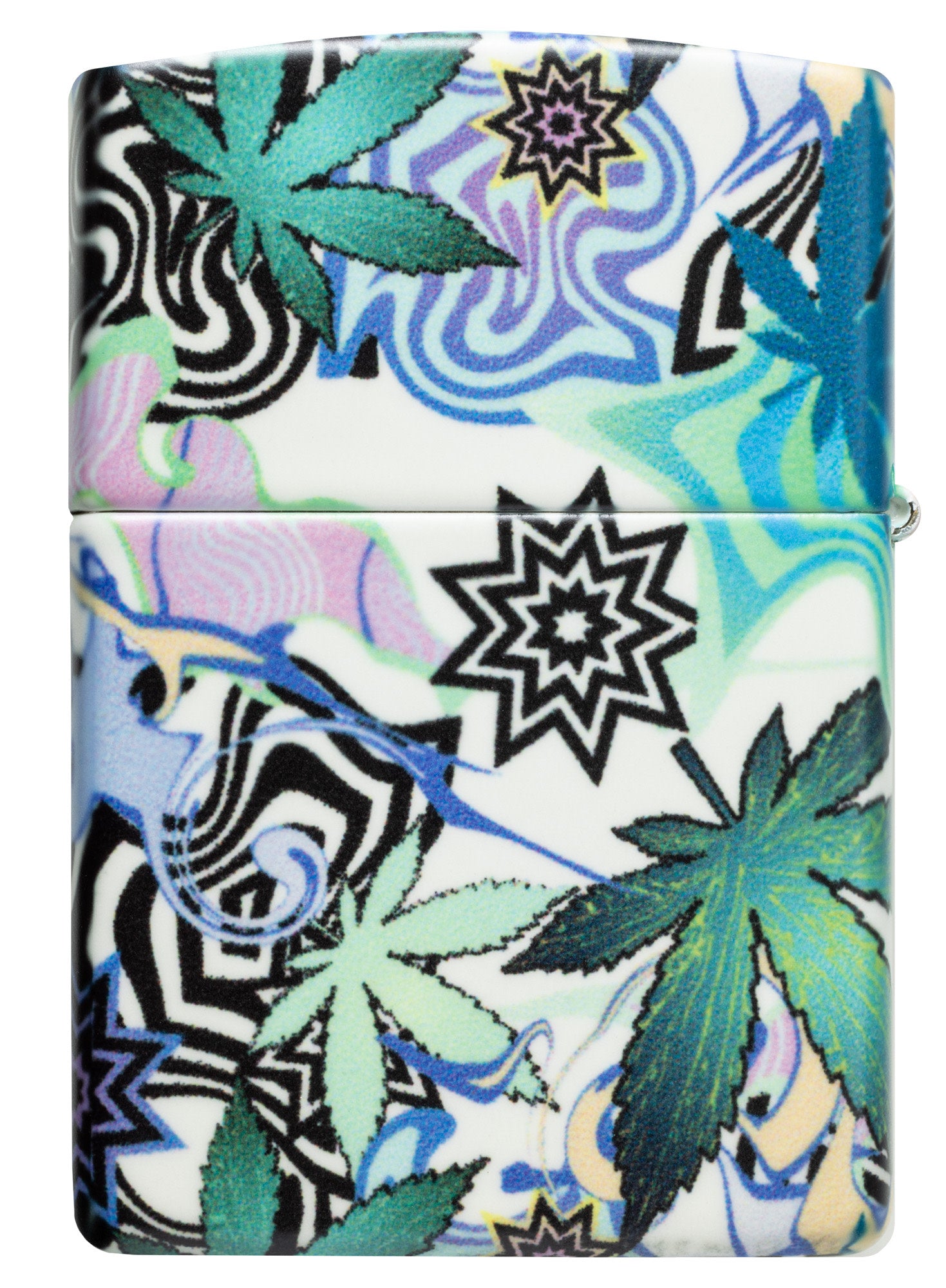 Back view of Zippo Abstract Cannabis Design Glow in the Dark Windproof Lighter.