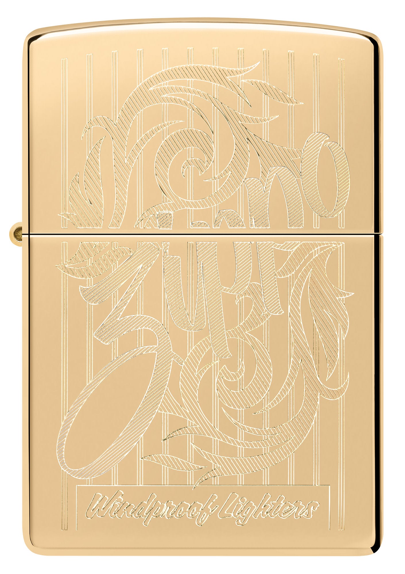 Front view of Zippo Swirling Filigree Design High Polish Brass Windproof Lighter.