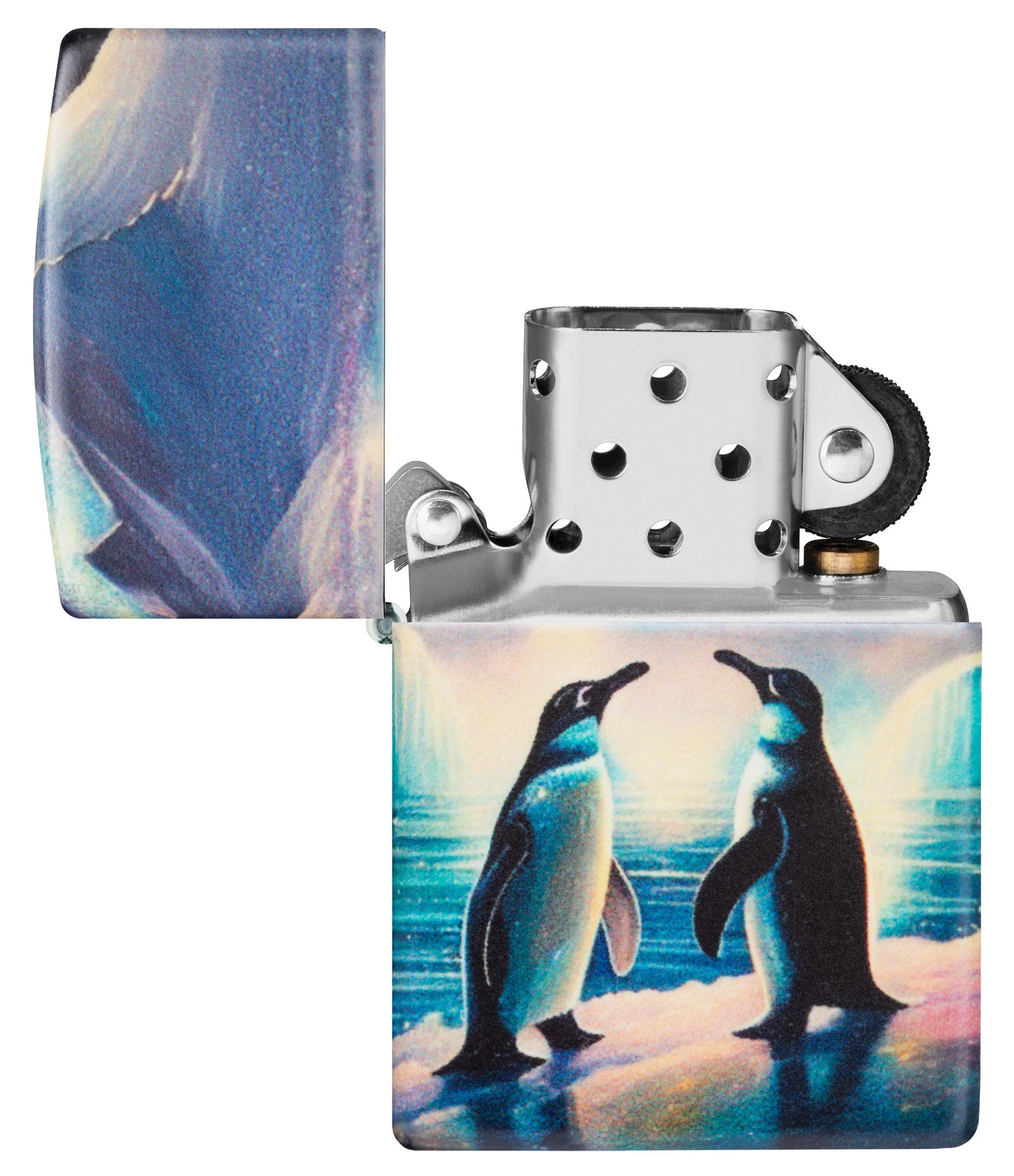 Zippo Penguin Design Glow in the Dark Green Matte Windproof Lighter with its lid open and unlit.