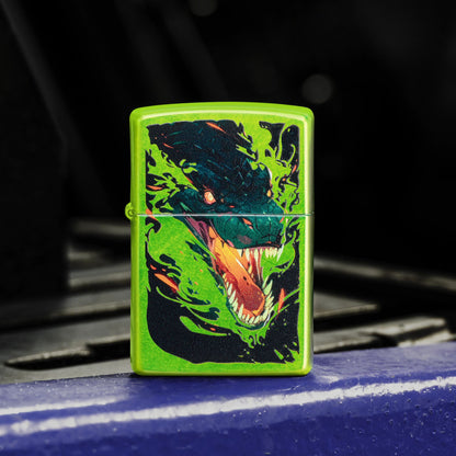 Lifestyle image of Zippo Screaming Dragon Design Lurid Windproof Lighter standing next to a forklift seat showing the front of the lighter. 

