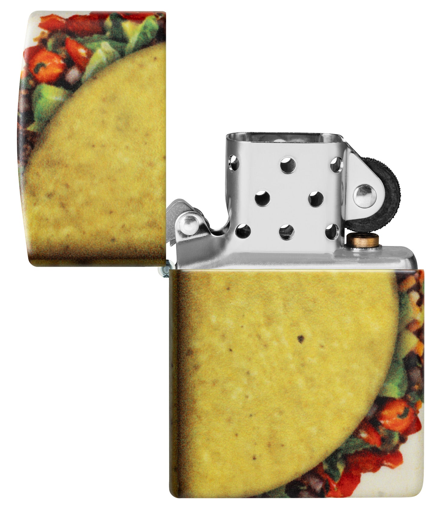 Zippo Loaded Taco Design 540 Matte Windproof Lighter with its lid open and unlit.