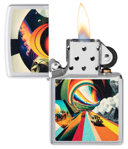 Zippo Trippy Travel Design Satin Chrome Windproof Lighter with its lid open and lit.