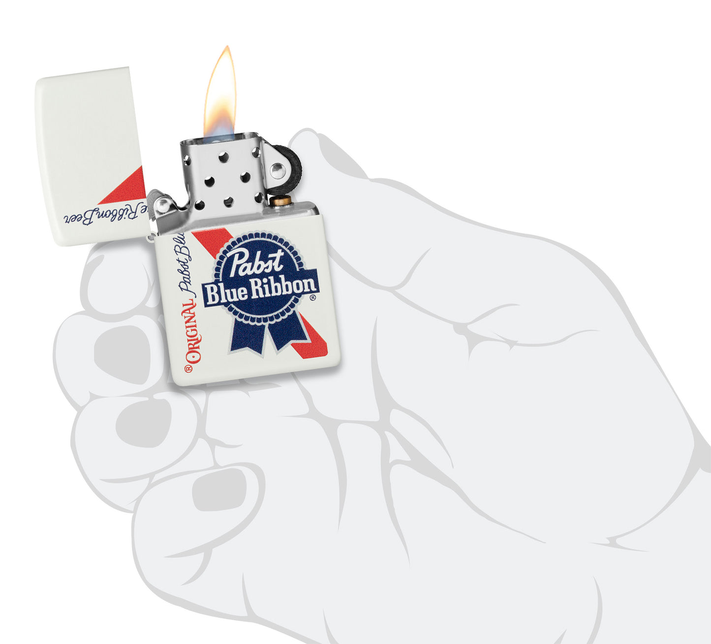 Zippo Pabst Blue Ribbon Design White Matte Windproof Lighter lit in hand.