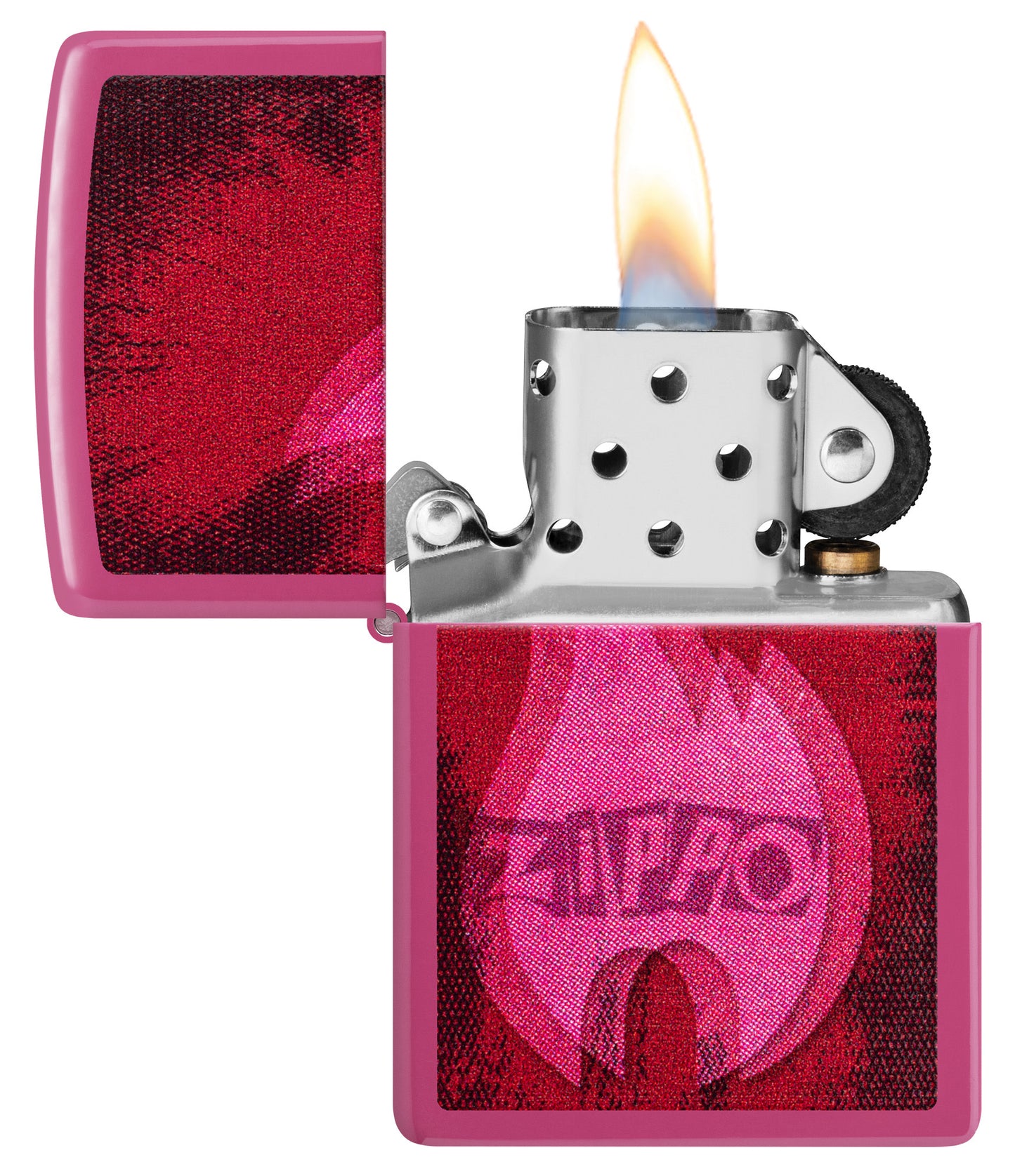 Zippo Pulse Design Frequency Windproof Lighter with its lid open and lit.