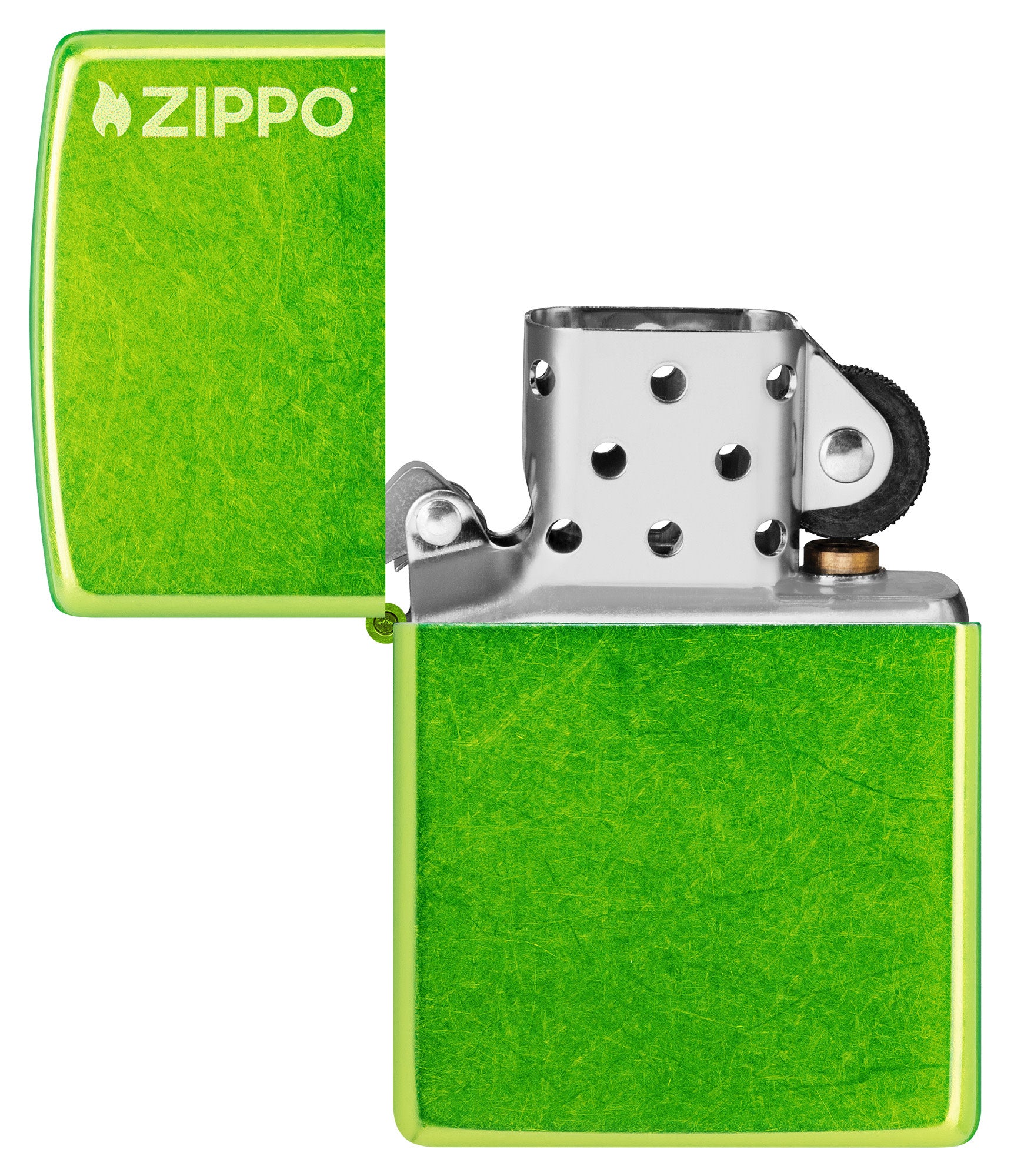 Zippo Classic Lurid Zippo Logo Windproof Lighter with its lid open and unlit.