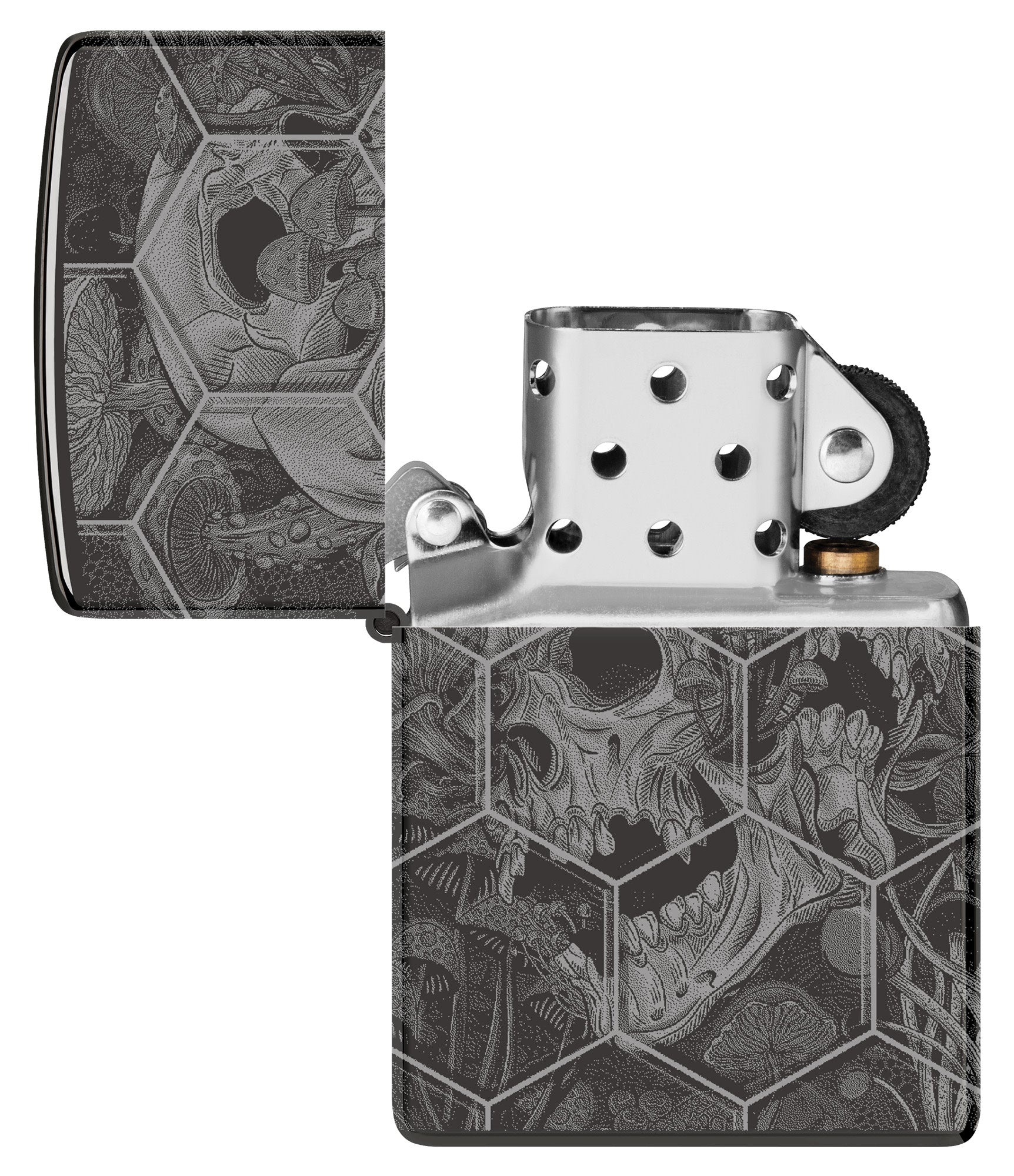 Zippo Mushroom Skulls Design High Polish Black Windproof Lighter with its lid open and unlit.