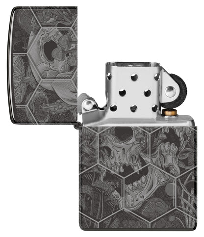 Zippo Mushroom Skulls Design High Polish Black Windproof Lighter with its lid open and unlit.