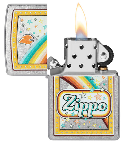 Zippo Candy Design Chrome Windproof Lighter with its lid open and lit.