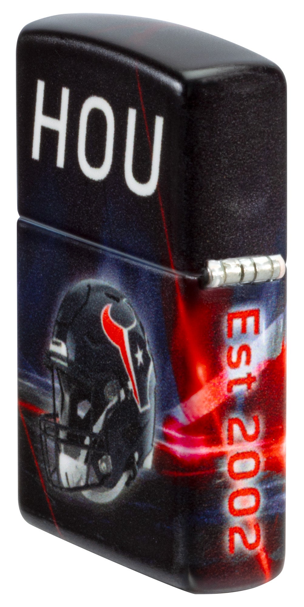 Angled shot of Zippo NFL Houston Texans 540 Matte Windproof Lighter showing the back and hinge sides of the lighter.