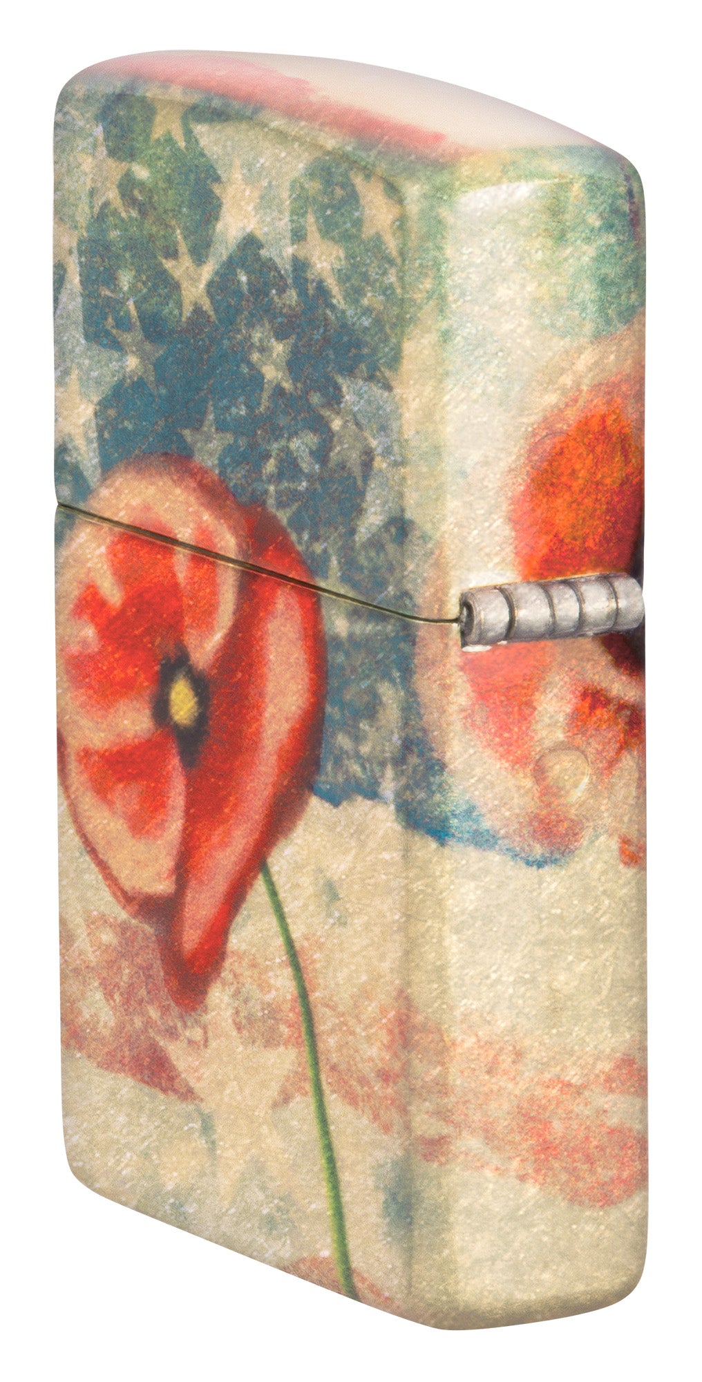Back View of Zippo American Poppie Design 540 Fusion Windproof Lighter at 3/4 angle hinge side