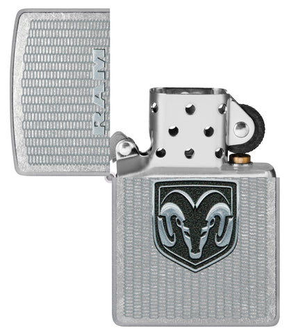 Zippo Dodge RAM Design Street Chrome Windproof Lighter with its lid open and unlit.