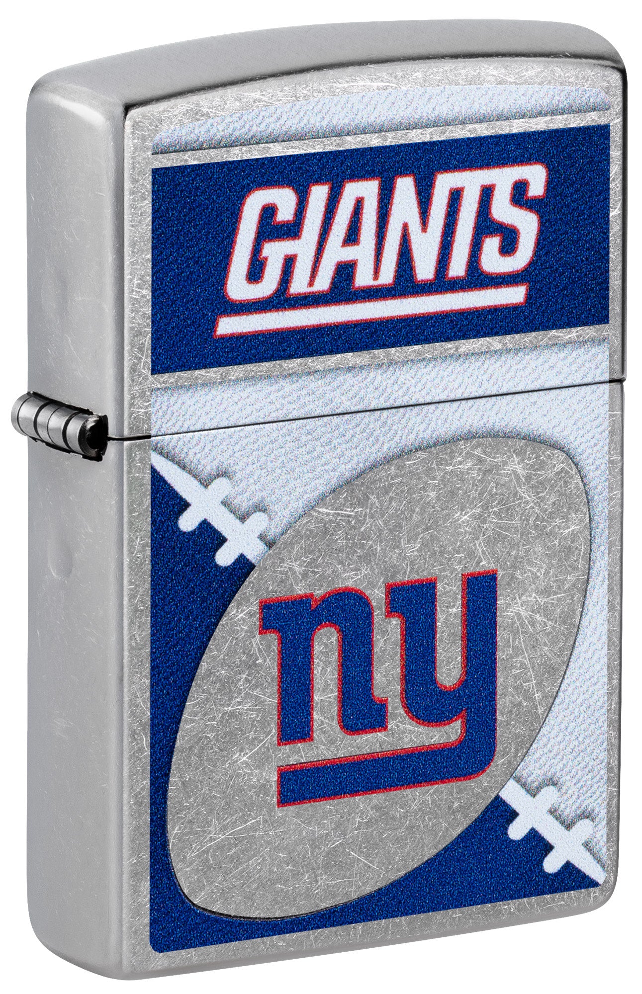 Front shot of Zippo NFL New York Giants Street Chrome Windproof Lighter standing at a 3/4 angle.