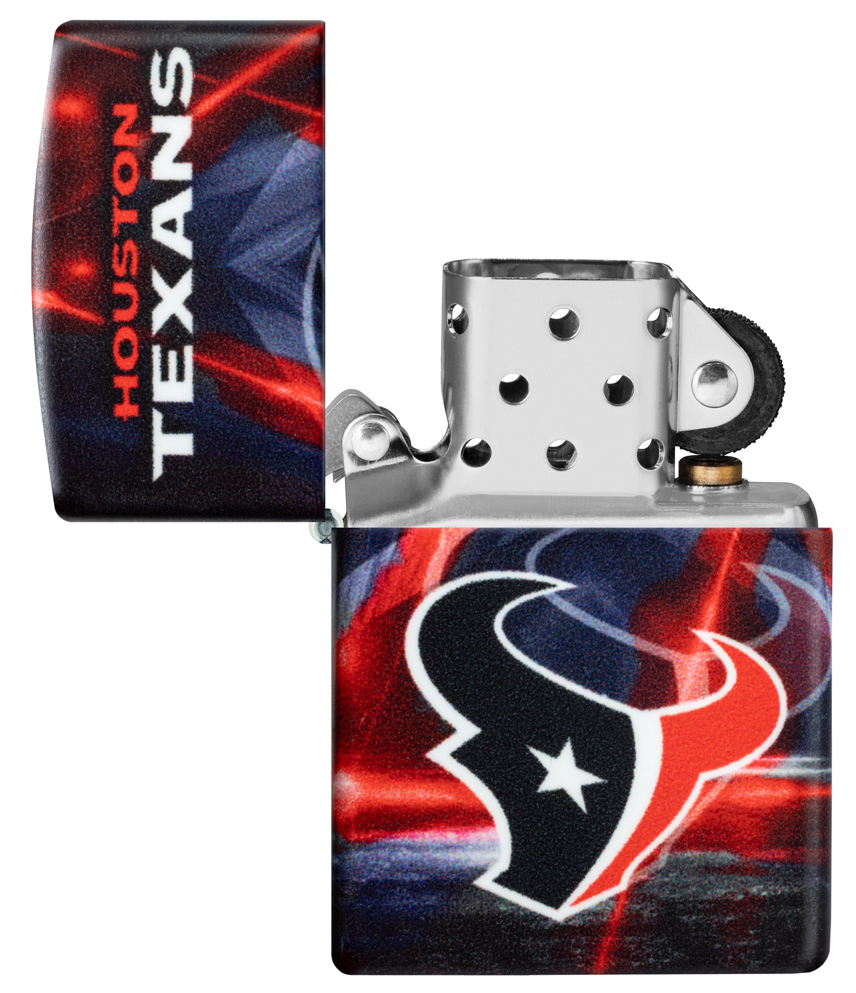 Zippo NFL Houston Texans 540 Matte Windproof Lighter with its lid open and unlit.