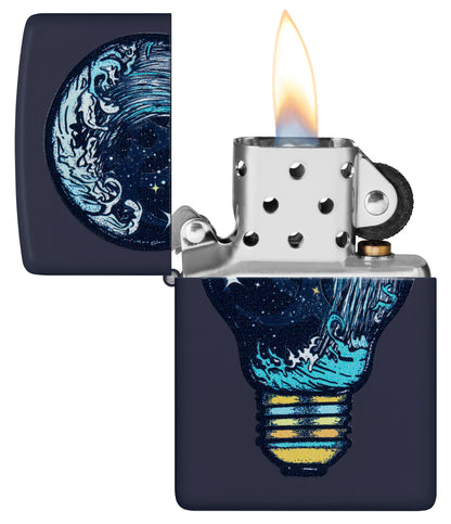 Zippo Black Light Toxic Waves Design Navy Matte Windproof Lighter with its lid open and lit.