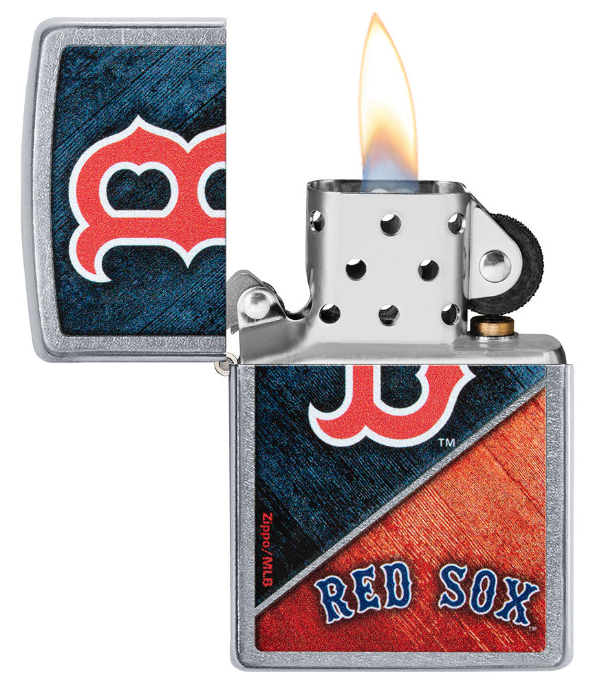 MLB® Boston Red Sox™ Street Chrome™ Windproof Lighter with its lid open and lit.