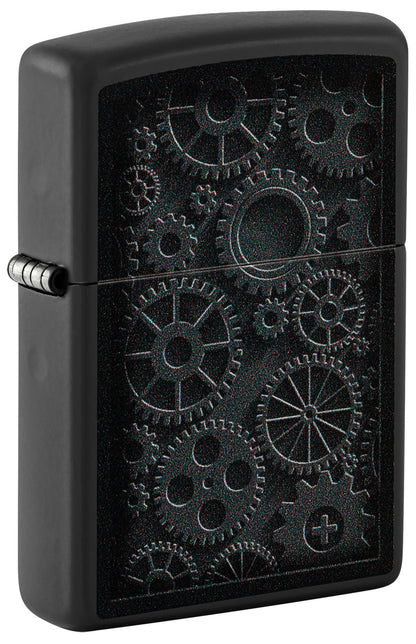 Front view of Zippo Steampunk Design Black Matte Windproof Lighter standing at a 3/4 angle.