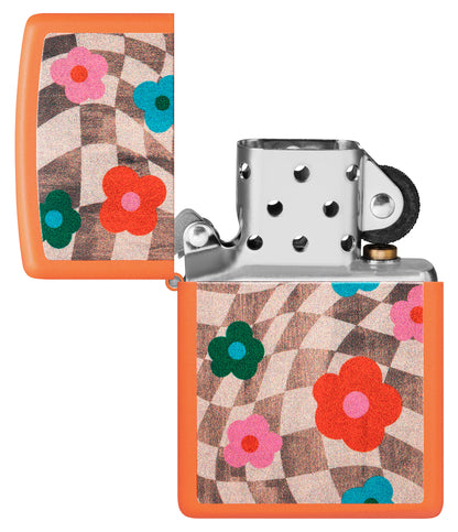 Zippo Wavy Flower Design Orange Matte Windproof Lighter with its lid open and unlit.