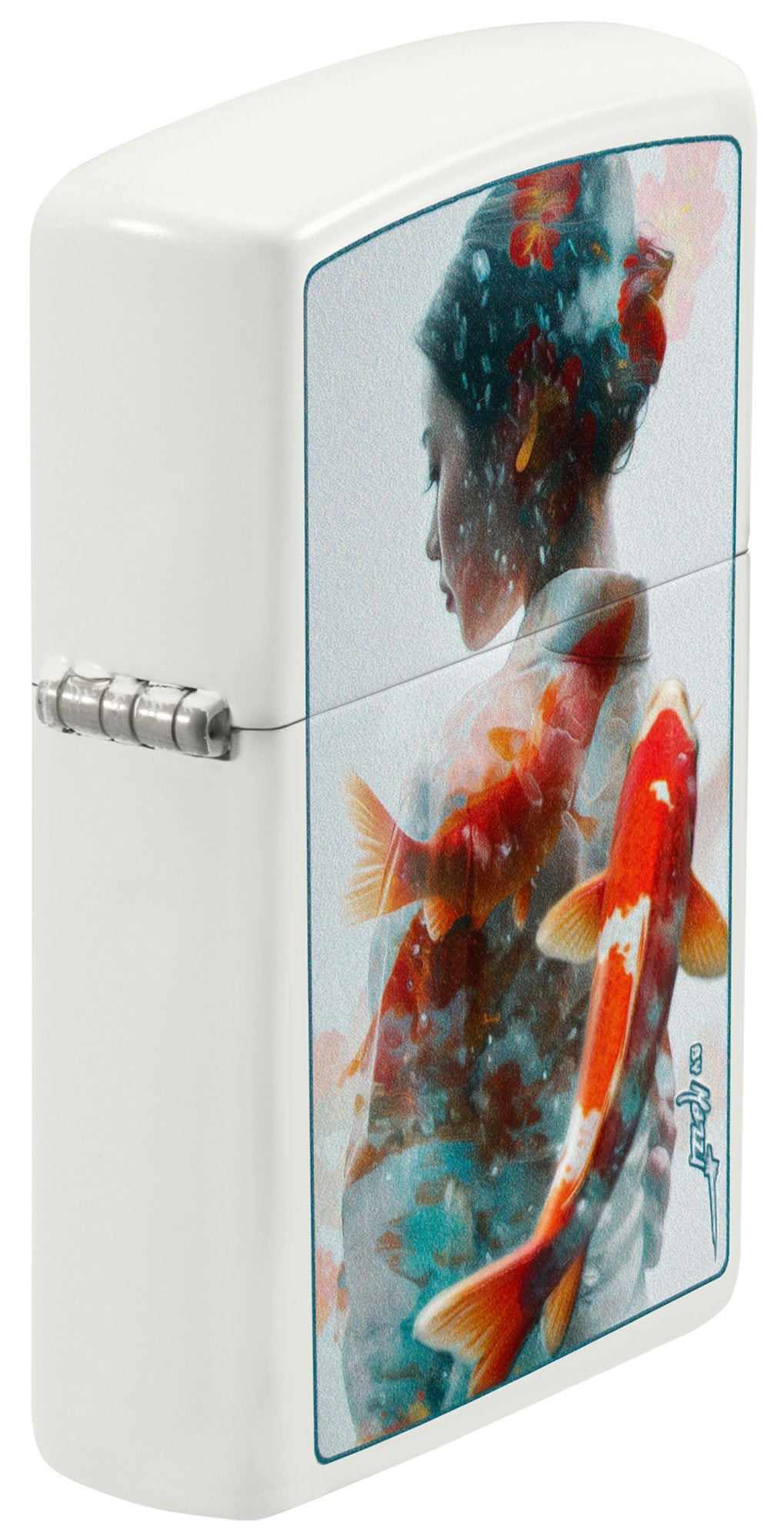 Zippo Mazzi Texture Print White Matte Windproof Lighter standing at an angle showing the texture print.