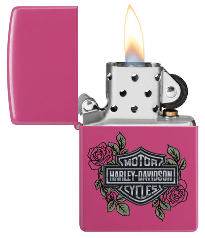 Zippo Harley-Davidson® Roses Frequency Windproof Lighter with its lid open and lit.