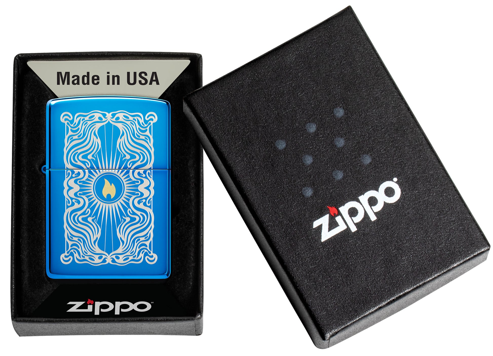 Zippo Fancy Flame Design High Polish Blue Windproof Lighter in its packaging.