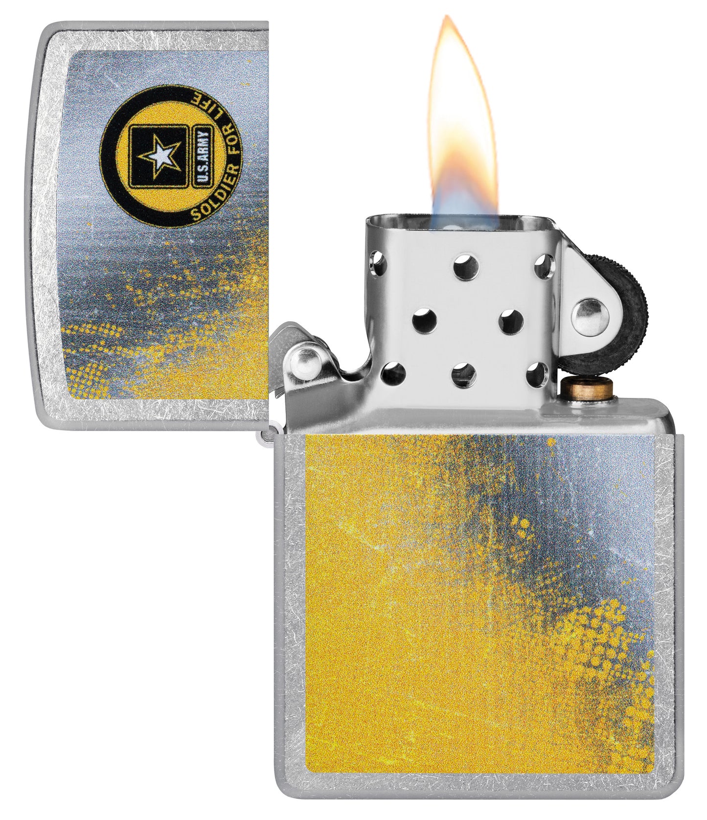 Zippo U.S. Army® Soldier for Life Street Chrome Windproof Lighter with its lid open and lit.