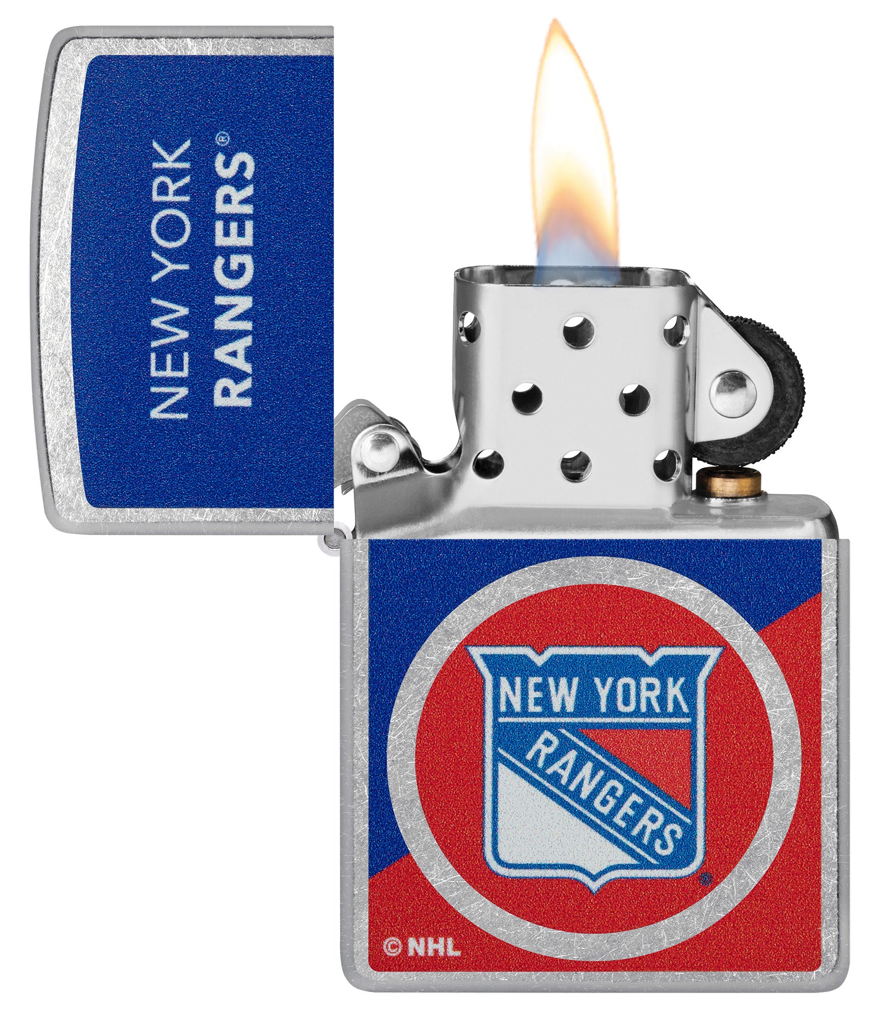 Zippo NHL® New York Rangers® 2024 Street Chrome™ Windproof Lighter with its lid open and unlit.