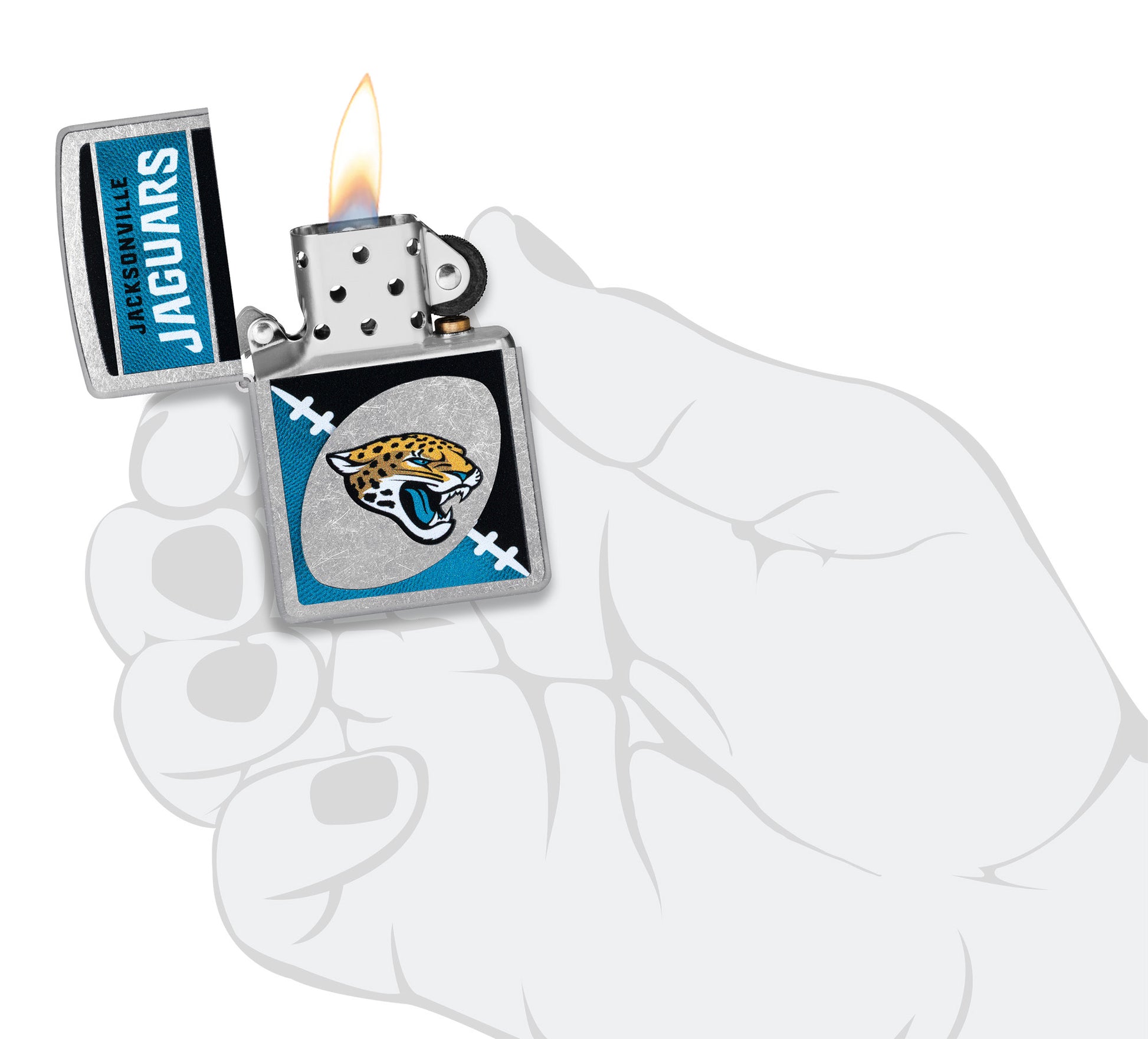 Zippo NFL Jacksonville Jaguars Street Chrome Windproof Lighter lit in hand.