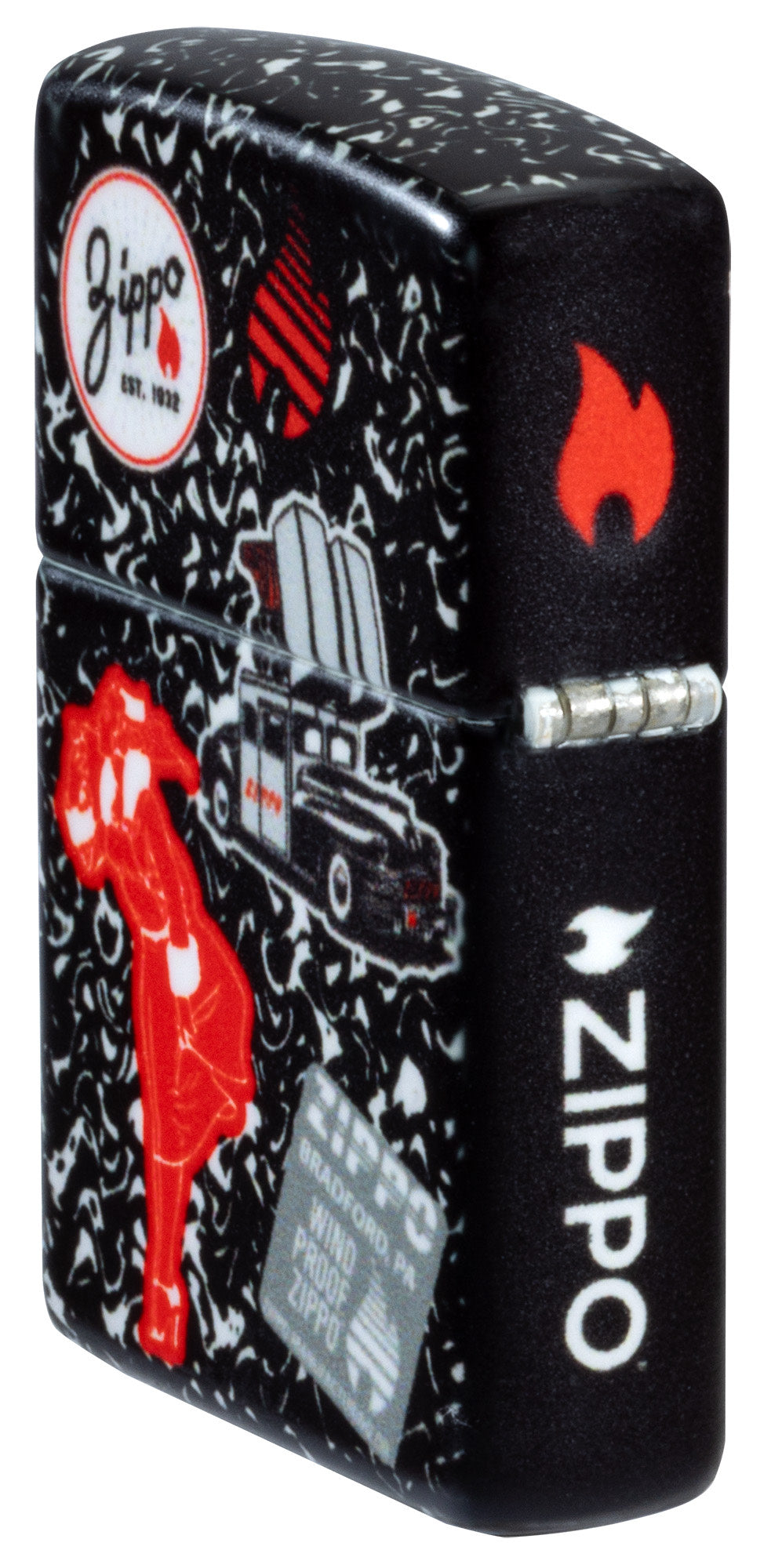 Angled shot of Zippo Notebook Design 540 Matte Windproof Lighter showing the back and hinge sides of the lighter.