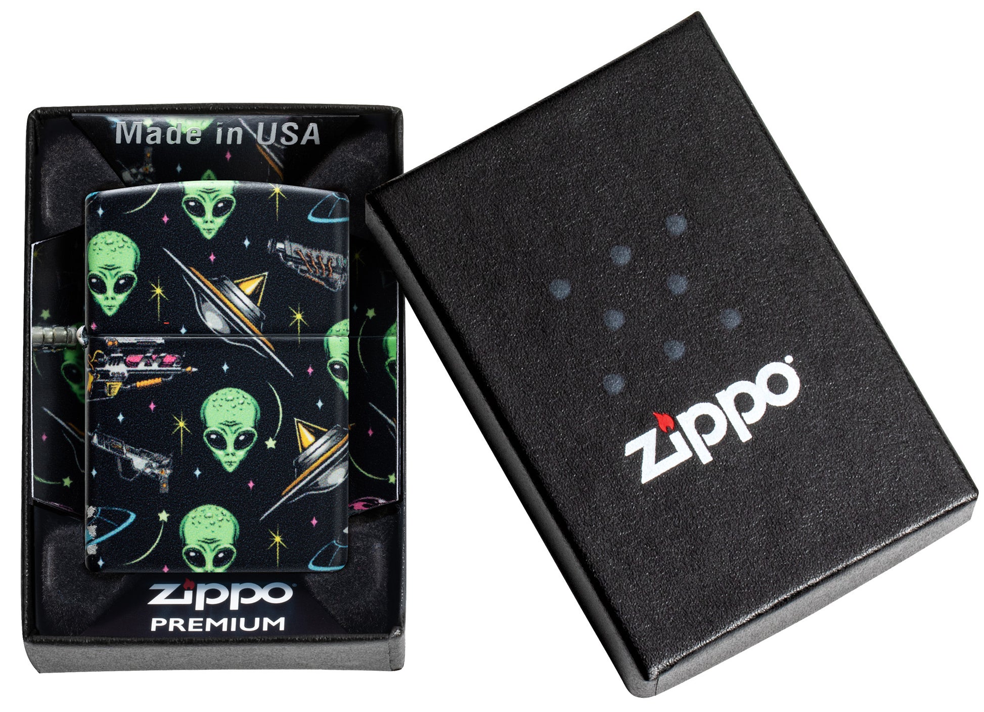 Zippo Alien Pattern Design 540 Matte Windproof Lighter in its packaging.