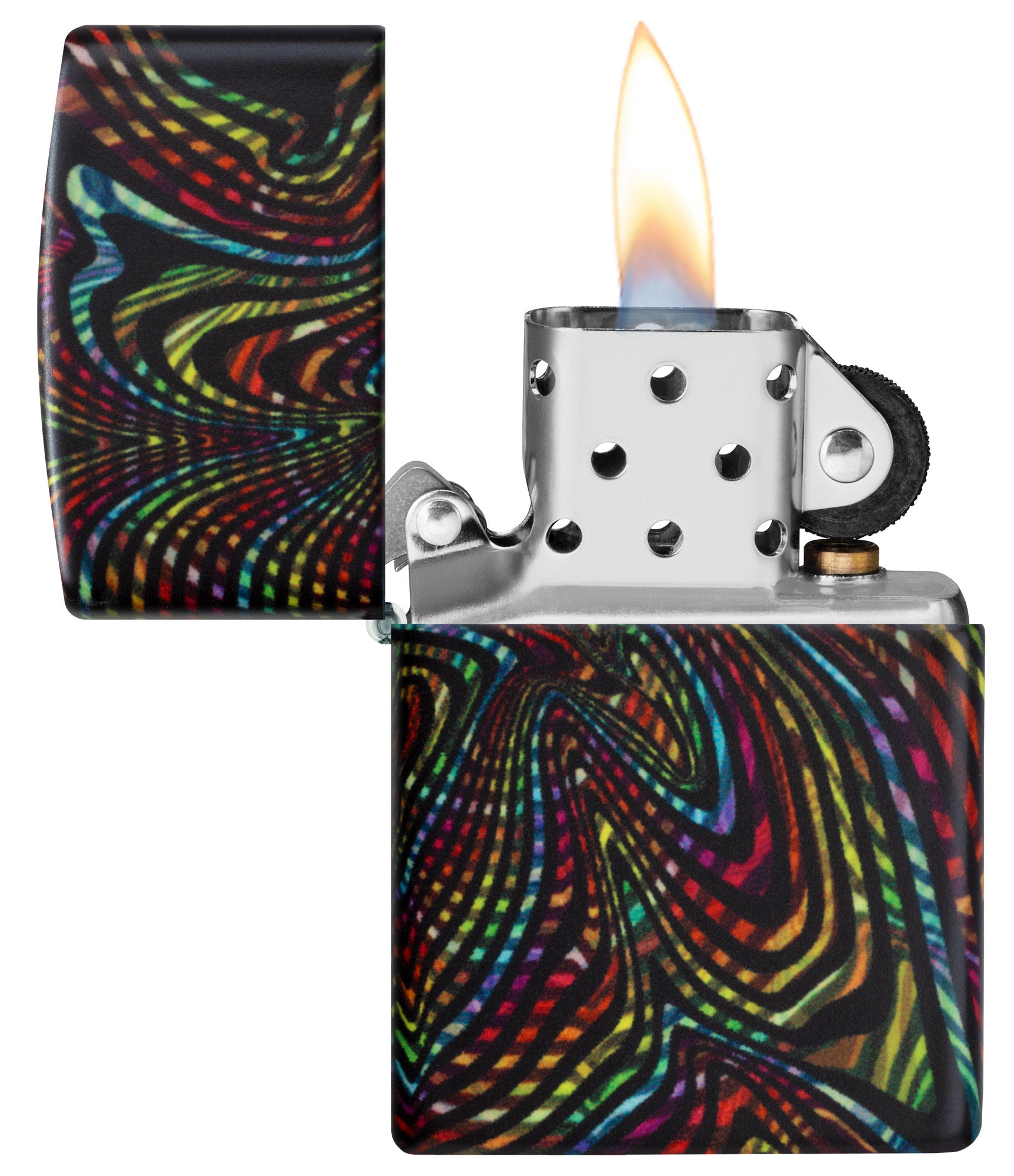 Zippo Glowing Illusion Design Glow in the Dark Windproof Lighter with its lid open and lit.