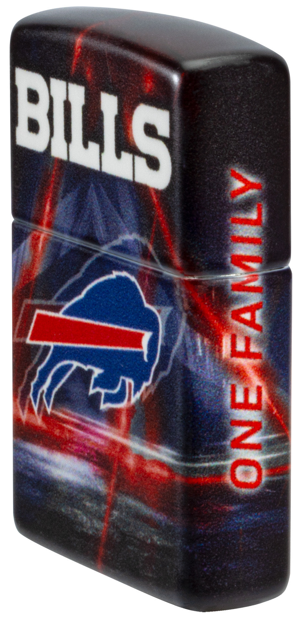 Angled shot of Zippo NFL Buffalo Bills 540 Matte Windproof Lighter showing the front and right sides of the lighter.