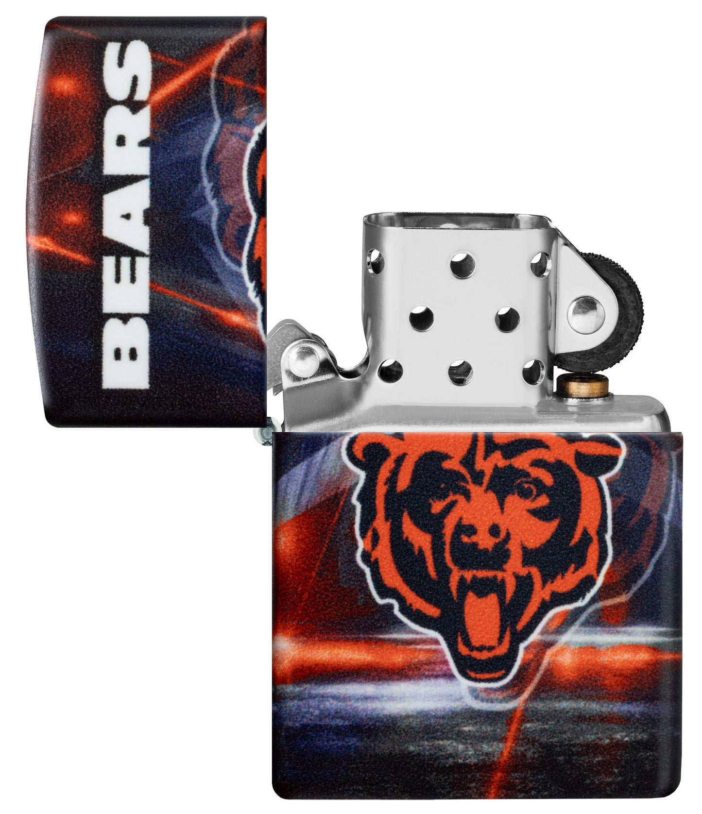 Zippo NFL Chicago Bears 540 Matte Windproof Lighter with its lid open and unlit.