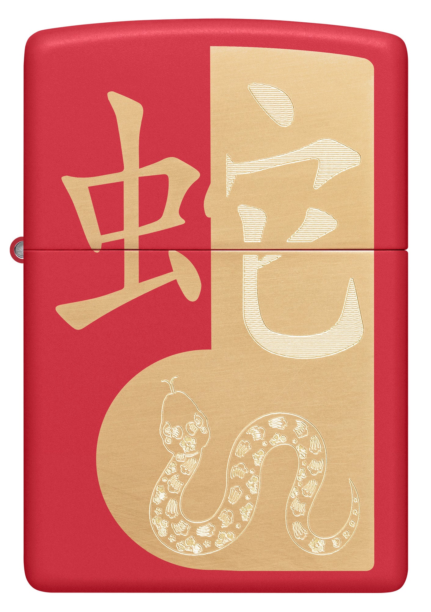 Front view of Zippo Year of the Snake 2025 Red Matte Windproof Lighter.