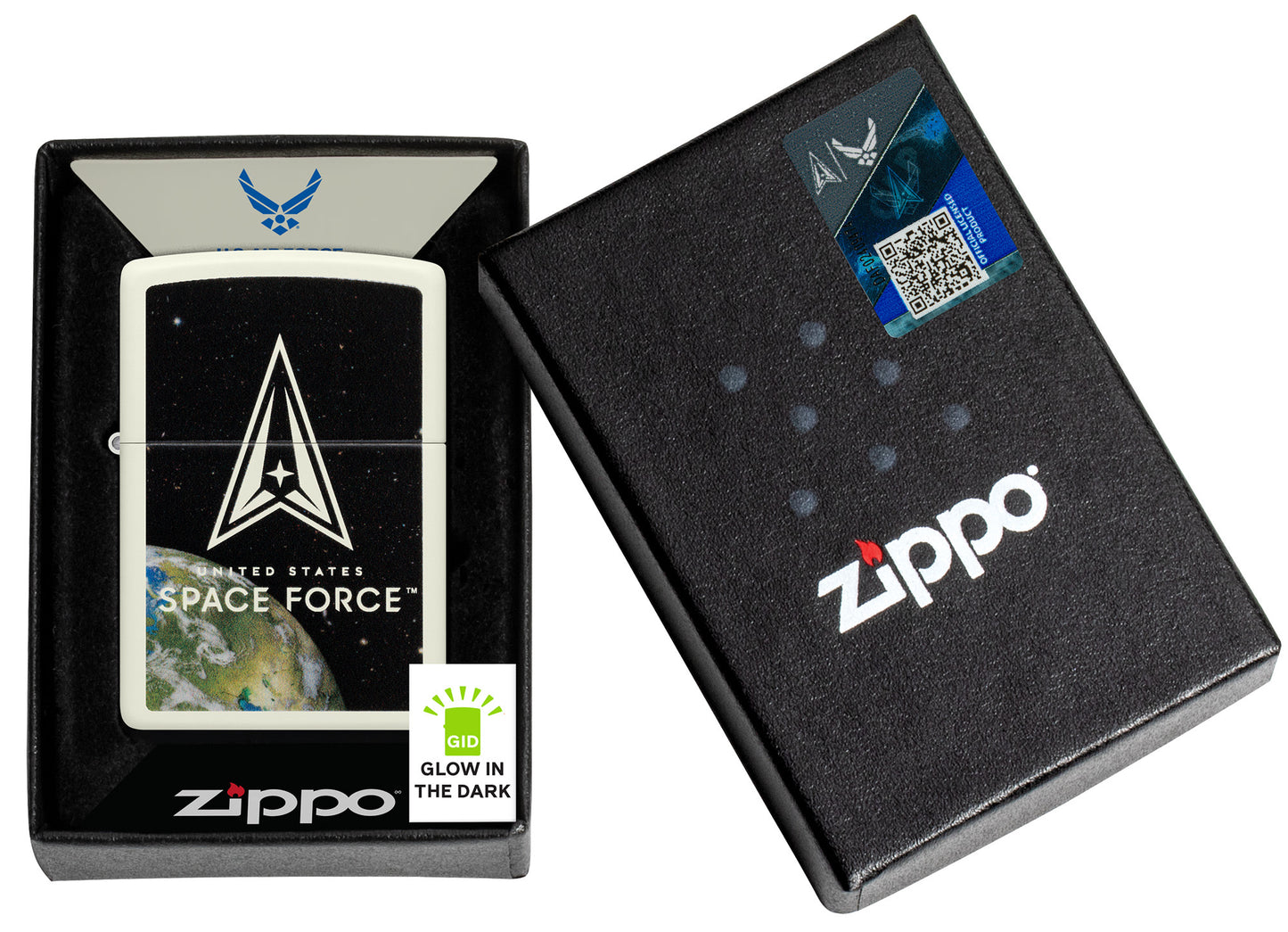 Zippo U.S. Space Force™ Glow in the Dark Windproof Lighter in its packaging.