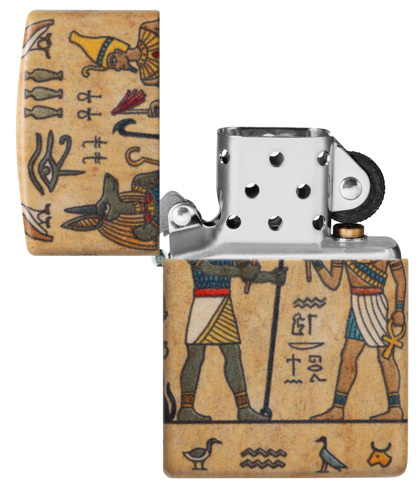 Zippo Ancient Glyphs Design White 540 Matte Windproof Lighter with its lid open and unlit.


