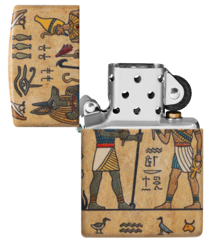 Zippo Ancient Glyphs Design White 540 Matte Windproof Lighter with its lid open and unlit.


